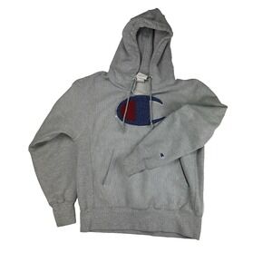 Champion Reverse Weave Hoodie Sweatshirt Big Logo Gray Size Medium Cut Neck Logo